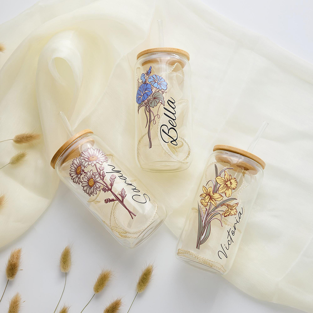 Custom Birth Flower Glass Can  - Coffee Equipment With Name 评论和价格